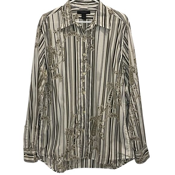 Express Other - Express Men's White Brown‎ Print Stripe Button Down Long Sleeve Y2K Shirt Large